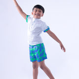 White Shirt with Blue Green Lemon Shorts