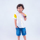 White Shirt with Green & Orange Stripes