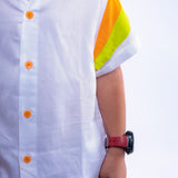 White Shirt with Green & Orange Stripes