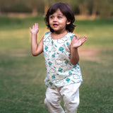Unisex Organic Patang Print Teal Jhabla Top + White pants