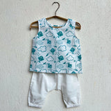 Unisex Organic Patang Print Teal Jhabla Top + White pants