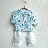 UNISEX ORGANIC PATANG PRINT TEAL KURTA TOP + WHITE PANTS
