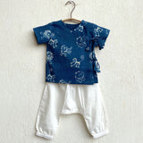 UNISEX ORGANIC ZOO PRINT INDIGO ANGARAKHA TOP + WHITE PANTS