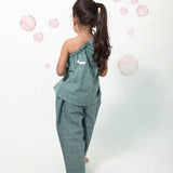 Bubble Baths teal checks co-ord one shoulder top and pant