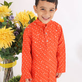 Orange Silk Bandhani Print Kurta with Sequence Embroidery and White Pyjama for Boys