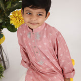 Pink Bandhani Print Silk Kurta with Embroidered Yolk and White Pyjama for Boys