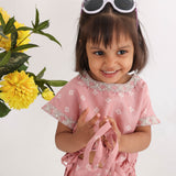 Pink Printed Bandhani Top with Threadwork and Pearls Embroidery with Drawstrings and Palazzos with Lace for Girls