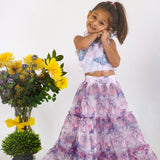 Purple Silk Halter Blouse with Threadwork and Cutwork Butterflies with Printed Layered Organza Lehenga for Girls