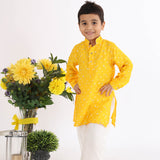 Yellow Silk Bandhani Print Kurta with Sequence Embroidery and White Pyjama for Boys